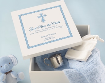 Personalized Keepsake Box for Blessed Child - Religious Memories Box - Baptism - Confirmation - First Communion - Available in Blue or Pink