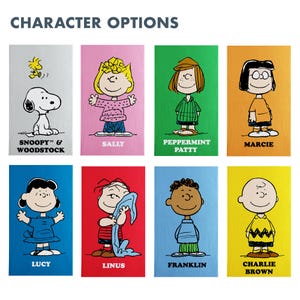 May include: Eight rectangular panels featuring Peanuts characters. Each panel has a different background color and a character illustration with their name below. Characters include Snoopy, Woodstock, Sally, Peppermint Patty, Marcie, Lucy, Linus, Franklin, and Charlie Brown.
