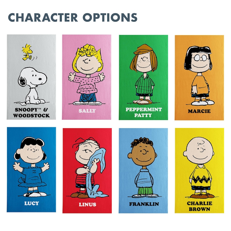 May include: Eight rectangular panels featuring Peanuts characters. Each panel has a different background color and a character illustration with their name below. Characters include Snoopy, Woodstock, Sally, Peppermint Patty, Marcie, Lucy, Linus, Franklin, and Charlie Brown.