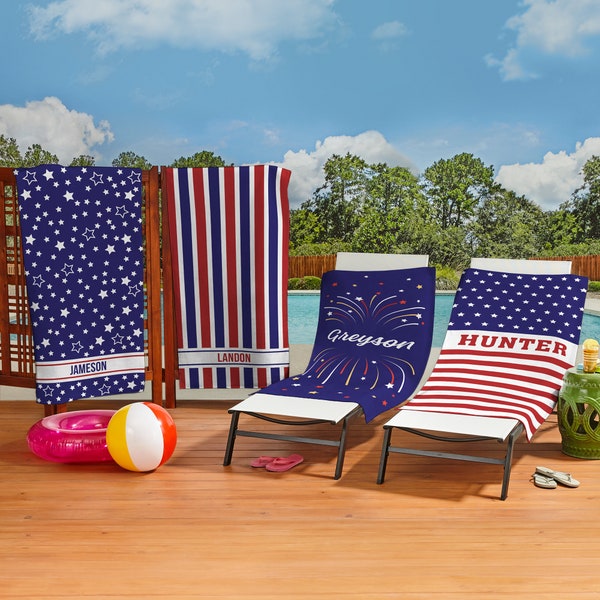 Personalized Beach Towel - Patriotic Designs - Red, White and Blue - Stars and Stripes - Fireworks - Choose From 4 Different Designs
