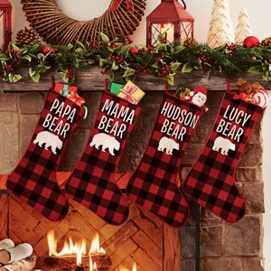 Personalized Christmas Stockings - Rustic Plaid - Choose Large Bear Or Small Bear