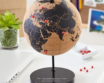 Personalized Cork Travel Globe: Push Pin Board, Engraved Message
