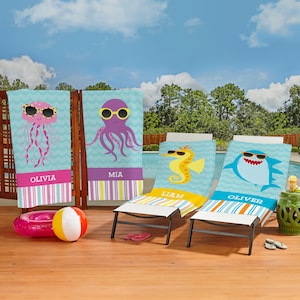 Personalized Beach Towel - Sea Creatures & Sunglasses Pattern - Gift For Girls Or For Boys - Available In 4 Designs - Choose From 2 Sizes