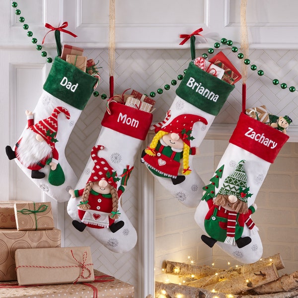 Personalized Gnome Family Plush Christmas Stocking - Holiday Décor - 3D Applique - Choose From 4 Characters - Custom Embroidered Name