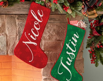 Personalized Christmas Stocking–Stockings for Family–19”L–Swirl Name-Snowflake Design-Traditional Holiday Décor-Available In 4 Colors