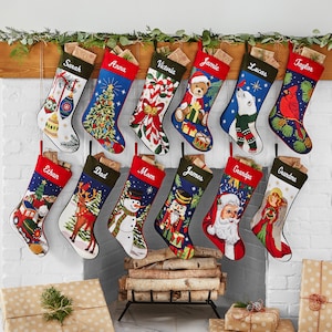 Personalized Needlepoint Stocking - Family Stockings - Old-Fashioned Christmas Décor - Embroidered Name - 12 Designs Available