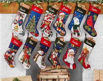 Personalized Needlepoint Stocking - Family Stockings - Old-Fashioned Christmas Décor - Embroidered Name - 12 Designs Available