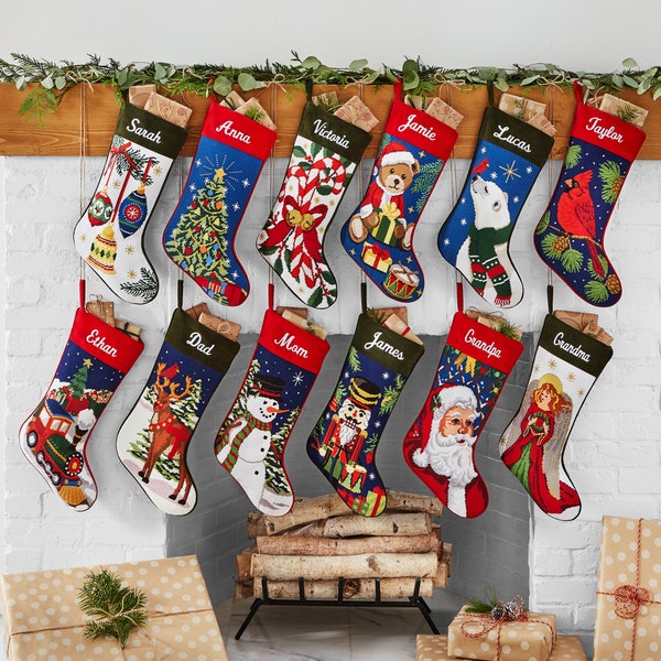 Personalized Needlepoint Stocking - Family Stockings - Old-Fashioned Christmas Décor - Embroidered Name - 12 Designs Available