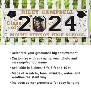 Personalized Graduation Banner Graduation Party Decorations Congratulations Photo Banner Class of 2024 Available in 6', 8' or 10' image 2