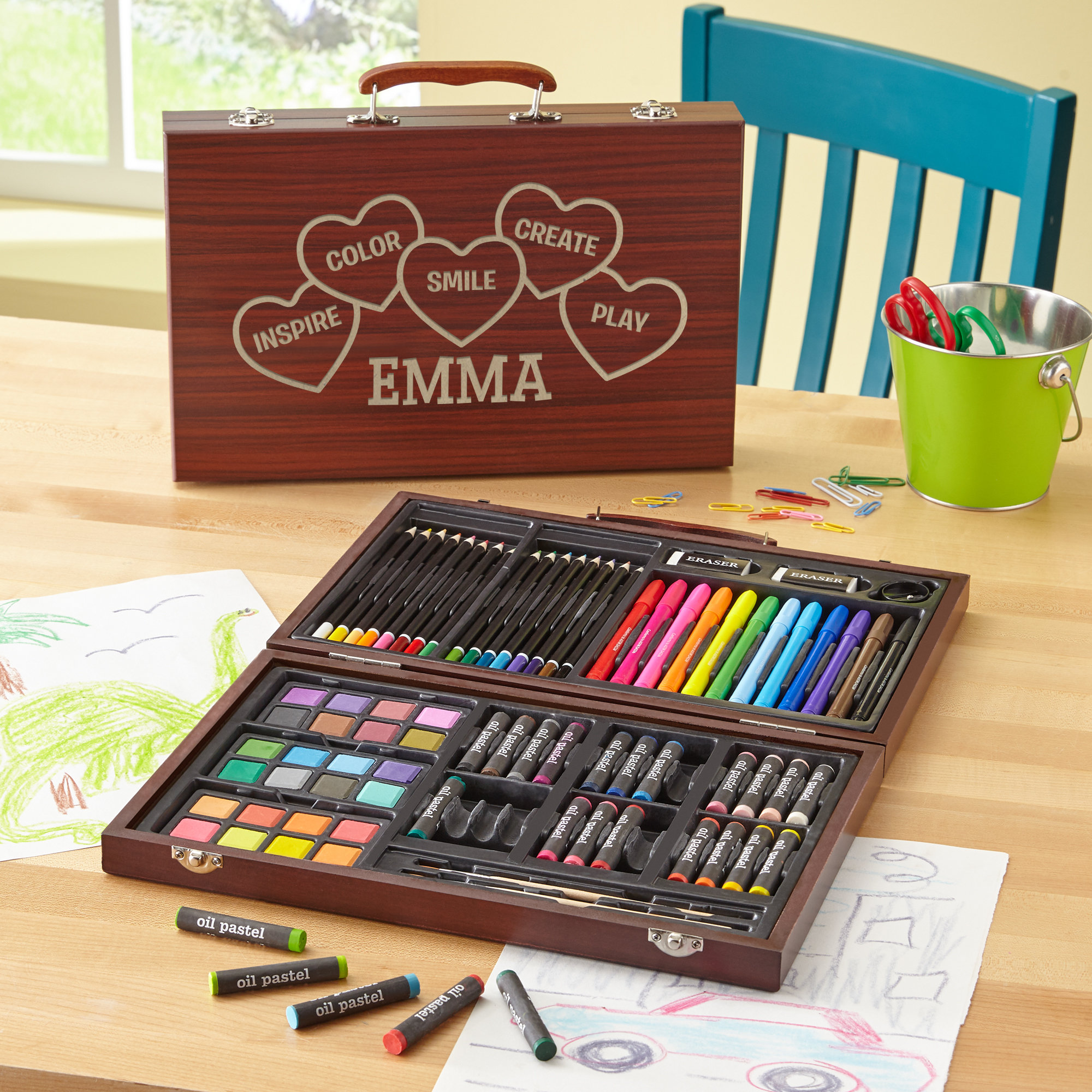 Let's Make Memories Personalized 80-Piece Deluxe Art Set - for Kids - Wood  Carrying Case - Oil Crayons, Colored Pencils, Watercolors - Arts & Crafts 
