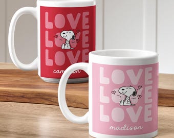 Personalized PEANUTS® Mug - Love Snoopy Coffee Cup - Choose Pink or Red - 11oz or 15oz
