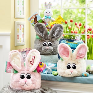 Personalized Extra Furry Bunny Plush Easter Basket - Customized For Kids- Choose From 3 Colors - Available With Or Without Jelly Bean Bundle
