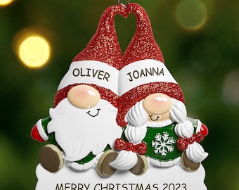 Personalized Gnome Couple Christmas Ornament- Christmas 2023 Keepsake Ornament - For Couples - Engraved Personalization