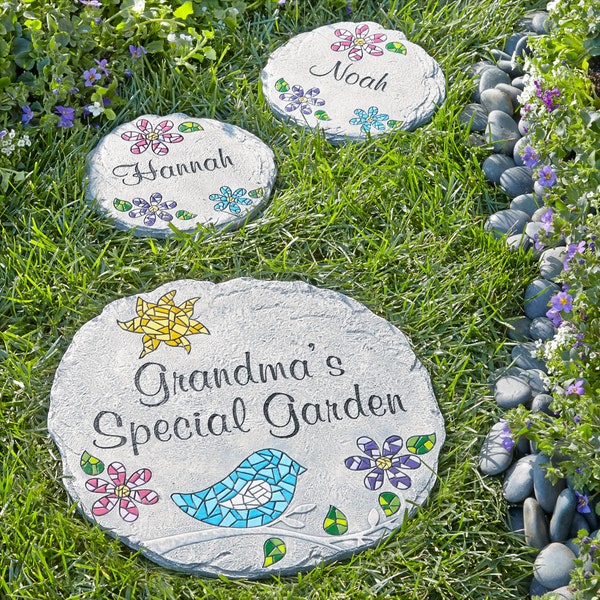 Piedra de mosaico personalizada para jardín: para abuela, mamá y familia. Piedras disponibles en 2 tamaños.