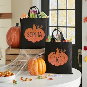 Personalized Sparkly Pumpkin Halloween Treat Bag - Trick-or-Treat Tote - Customize With Initial Or With Name - For Kids - For Her