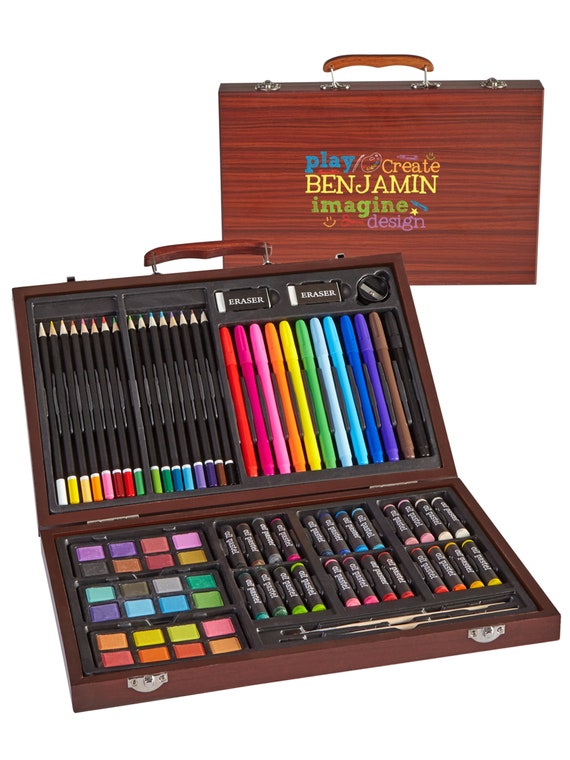 Personalized 80-piece Deluxe Art Set W/wood Carrying Case Colorful Designs  Arts & Crafts for Kids Choose From 5 Colorful Designs 