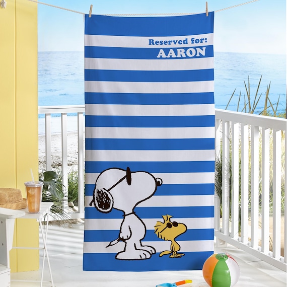 Personalized Peanuts Cool Blue Stripes Beach Towel - Snoopy™ Beach Towel - Snoopy and Woodstock Towel - Joe Cool Beach Towel - 2 Sizes