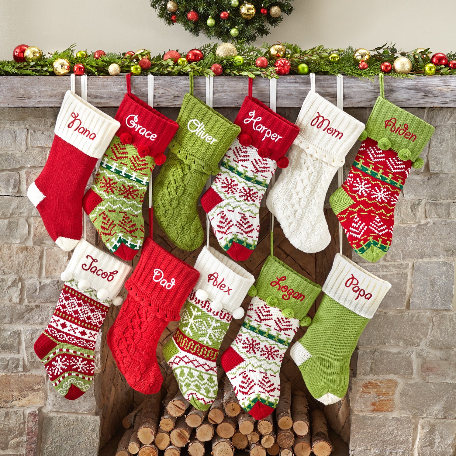 Set of 3 Personalized Knitted Christmas Stocking with Name, Christmas Trees  Snowflake Paw Custom Needlepoint Stockings Set, Embroidery Customized