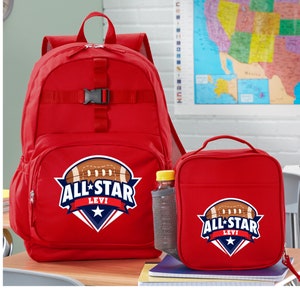 Sac à dos sport personnalisé All Star rouge - rentrée des classes - cartable pour enfants - cartable uniquement ou ensemble avec boîte à lunch - 4 modèles au choix