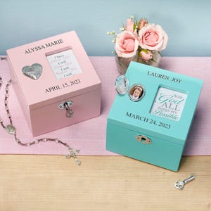 Personalized Locket Keepsake Box - Religious Keepsake - Religious Memories Box - Memento Storage - Baptism Gift - Choose From Teal or Pink