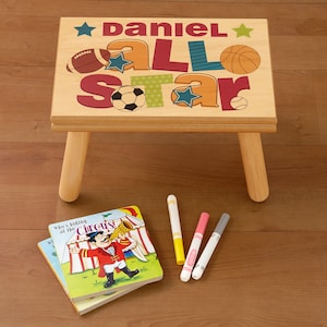 Personalized Children&#39;s All Star Step Stool - Wooden Step Stool - Sports Theme Stool - Child&#39;s Stool - Bathroom Stool For Kids