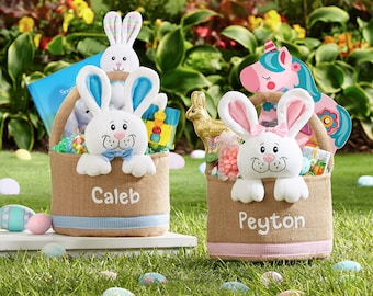 Personalized Burlap Easter Basket - For Kids- Choose From Pink Or Blue - Available With Or Without Jelly Bean Bundle