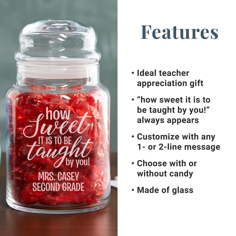 Personalized Sweetest Teacher Glass Candy Jar Teacher Appreciation Gift Personalized Gift For Teacher Available With Or Without Candy image 2