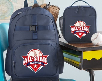 Personalized Sports All Star Navy Backpack - Back to School - Kids School Bag - Book Bag Only Or Set With Lunchbox - Choose From 4 Designs