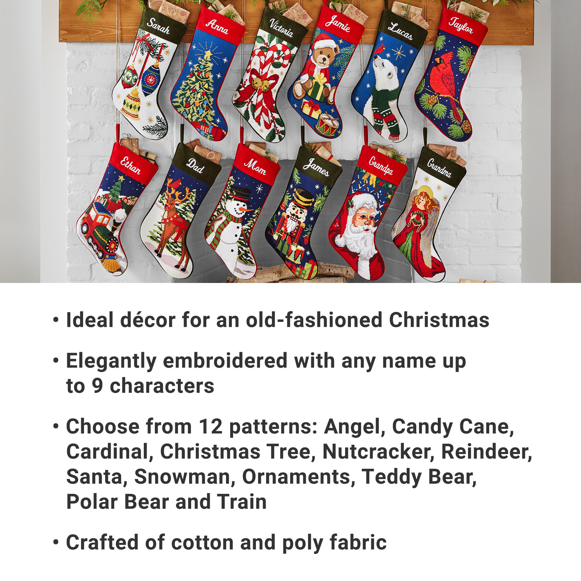 Personalized Needlepoint Stocking - Family Stockings - Old-Fashioned Christmas Décor - Embroidered Name - 12 Designs Available