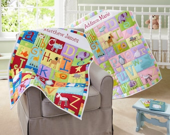 Personalized Baby Quilt - Alphabet Quilt - Heirloom Keepsake for New Baby - Textured Details - Alphabet & Animals - Nursery Décor - Newborn