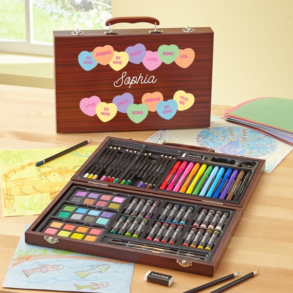 Personalized 80-piece Deluxe Art Set W/wood Carrying Case Colorful Designs Arts & Crafts for Kids Choose From 5 Colorful Designs 