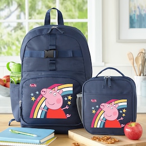 Sac à dos d'école Peppa Pig personnalisé - Arc-en-ciel - Sac à dos bleu marine - Cartable pour enfants - Cartable ou ensemble avec boîte à lunch