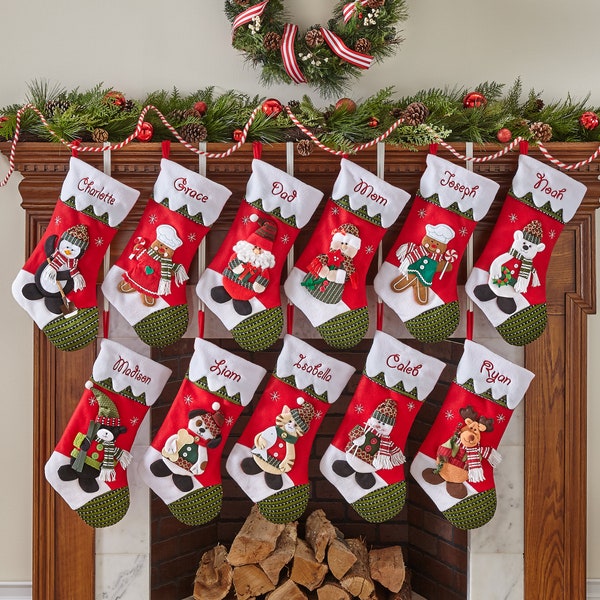 Personalized Snow Cap Christmas Stockings - 3-D Plush Character - Choose From 11 Characters - Christmas Décor - Custom Embroidered Name