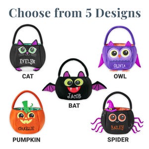May include: Five Halloween-themed treat bags in various designs: a black cat, a purple owl, a black bat, an orange pumpkin, and a black spider. Each bag has a handle and a personalized name. The text "Choose from 5 Designs" is at the top.