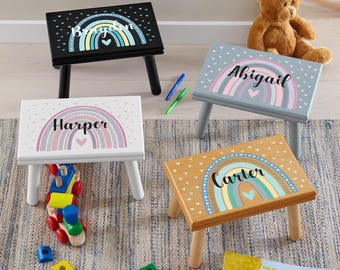 Personalized Children's Wood Step Stool - Rainbow Design - Ages 3+ - Choose From 4 Wood Tones - Available in Pink or Blue