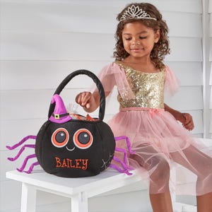 May include: A black spider-shaped Halloween candy bag with purple legs and the name "BAILEY" in orange. The bag has a witch hat and is filled with candy. A young girl in a pink dress and tiara is nearby.