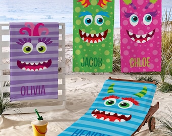 Personalized Beach Towel - Little Monster Pattern - Unique Pool Towel - 30”Wx60”L - Plush Custom Towel - Available in 4 Colorful Designs