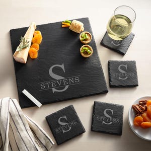 Personalized Slate Entertaining 5pc Set - Slate Cheese Board With Set of 4 Matching Coasters - Custom Charcuterie Board - Housewarming Gift