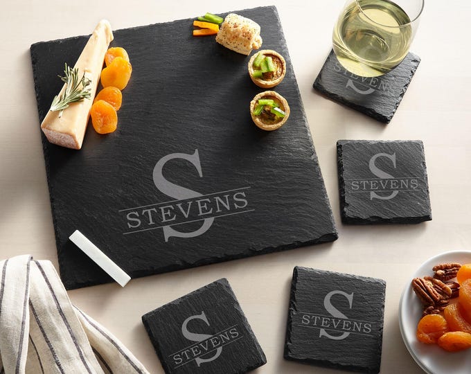 Personalized Slate Entertaining 5pc Set - Slate Cheese Board With Set of 4 Matching Coasters - Custom Charcuterie Board - Housewarming Gift