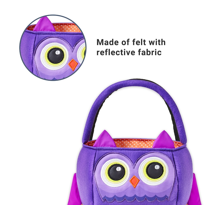 May include: A purple felt owl-shaped treat bag with a handle. The owl has large yellow eyes, orange beak, and purple accents. The interior lining features an orange polka dot pattern. The text on the image reads: Made of felt with reflective fabric.