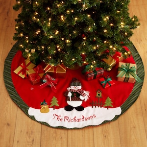 Personalized Snow Cap Christmas Tree Skirt - 3D Plush Character - Choose Dotted Border With Red Font or Striped Border With Green Font