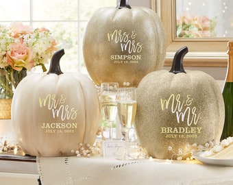 Personalized Light-Up Wedding Pumpkin - For Couples - Fall Wedding Décor - Available In 3 Designs - Choose From Cream Or Gold Glitter