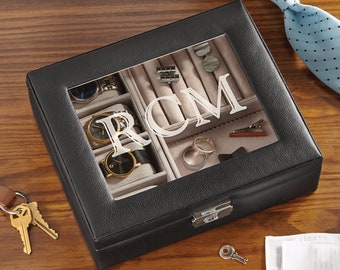 Personalized Vegan Leather Watch Box & Storage Valet - Cufflink Storage - Jewelry Box - Groomsman Gift - For Him 8”Wx9.5”Lx2.5”H