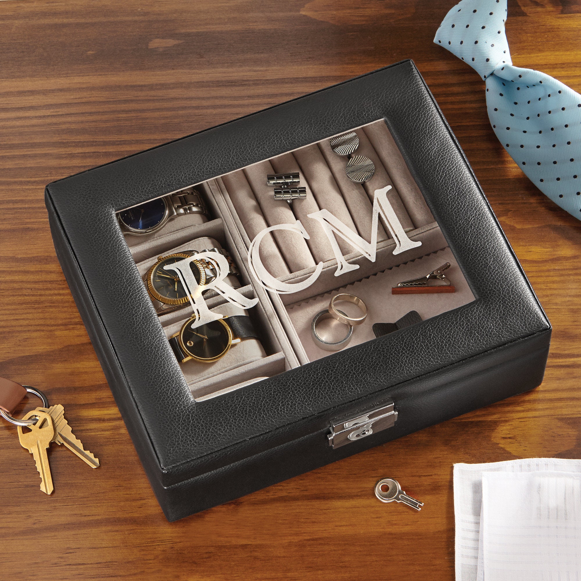 Personalized Vegan Leather Watch Box & Storage Valet - Cufflink
