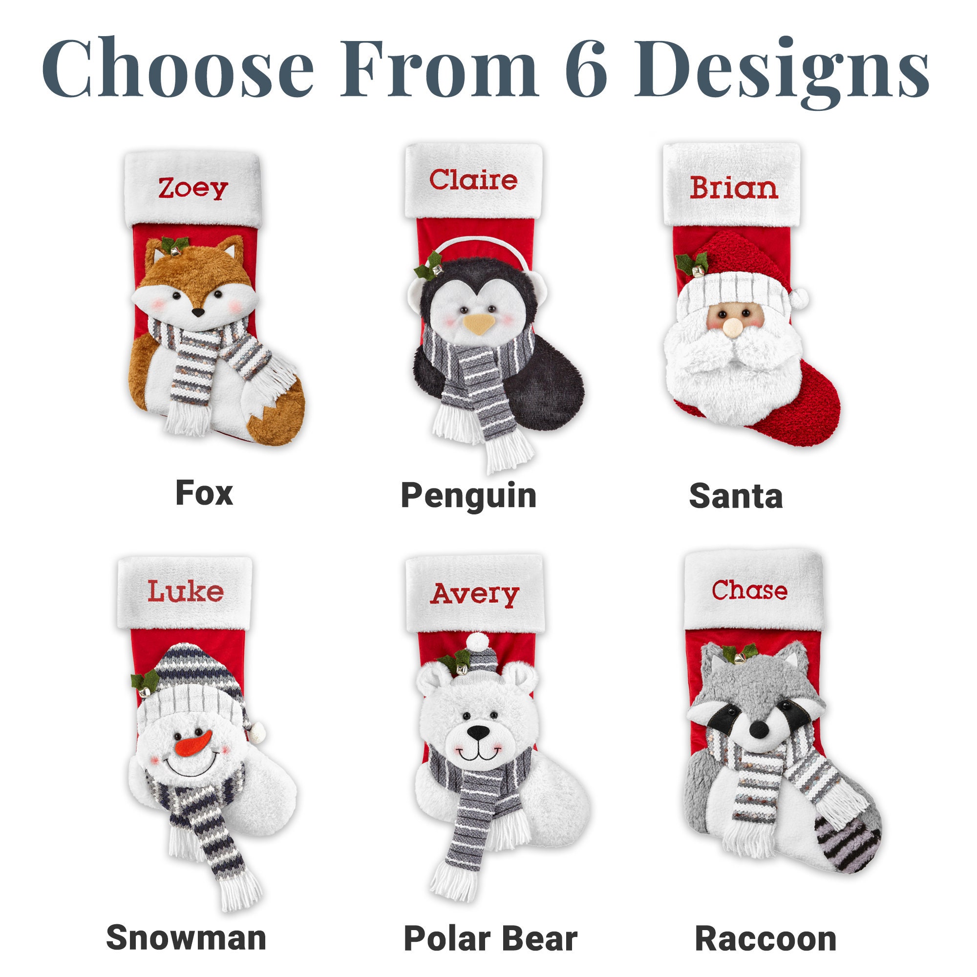 Personalized Christmas Stocking-Plush Stocking-Holiday Décor-Embroidered Name-Family Stockings-3D Plush Character- 6 Characters Available