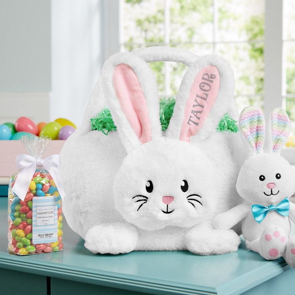 Personalized Extra Large Plush Bunny Kid's Easter Basket - For Boys - For Girls - Available With or Without Jelly Bean Bundle