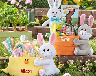 Personalized Plush Easter Bunny Basket - Plush Chick Easter Basket - Choose From 2 Designs - Available With Or Without Jelly Bean Bundle