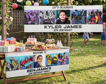 Pancarta fotográfica de cumpleaños personalizada - Decoraciones para fiestas de TRANSFORMERS - Disponible en 3 tamaños