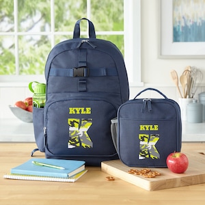 Sac à dos bleu marine personnalisé avec votre nom - Retour à l'école - Cartable pour enfants - Cartable seul ou ensemble avec boîte à lunch - Choisissez parmi 4 modèles