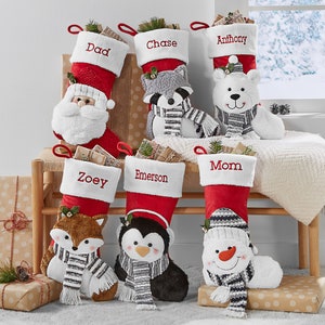 Personalized Christmas Stocking-Plush Stocking-Holiday Décor-Embroidered Name-Family Stockings-3D Plush Character- 6 Characters Available